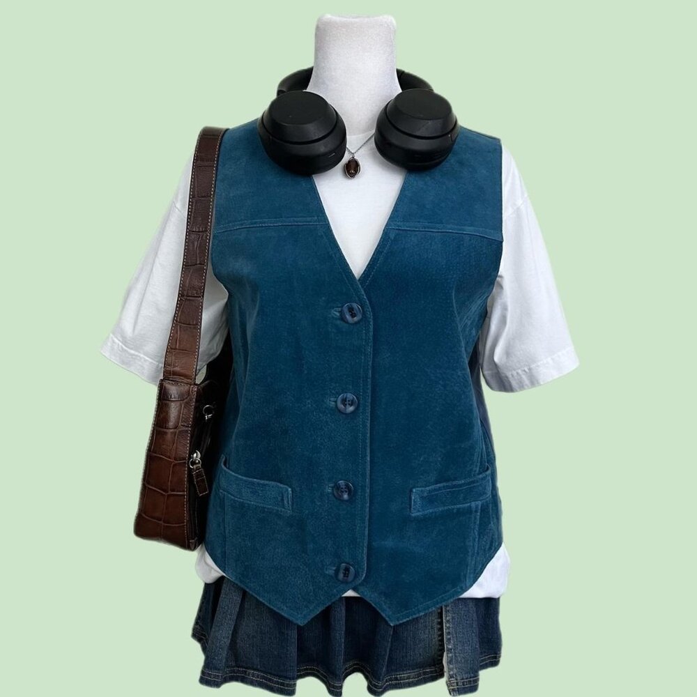 vintage blue suede preppy western leather waistcoat vest